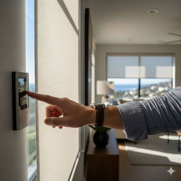 A close-up shot of a hand pressing a button on a wall-mounted smart control panel to operate a motorized window shade.