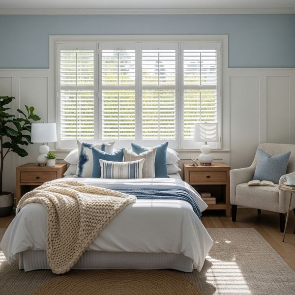 modern nautical style room with white shutters
