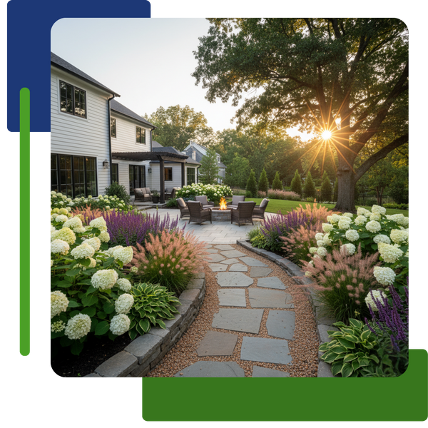 Backyard patio with a fire pit surrounded by outdoor furniture, paved with flagstone and gravel, set within a lush garden landscape at sunset.