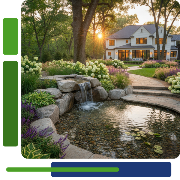Tranquil backyard pond with river rocks, a small stone waterfall, and lily pads, with a large, white modern house in the background.