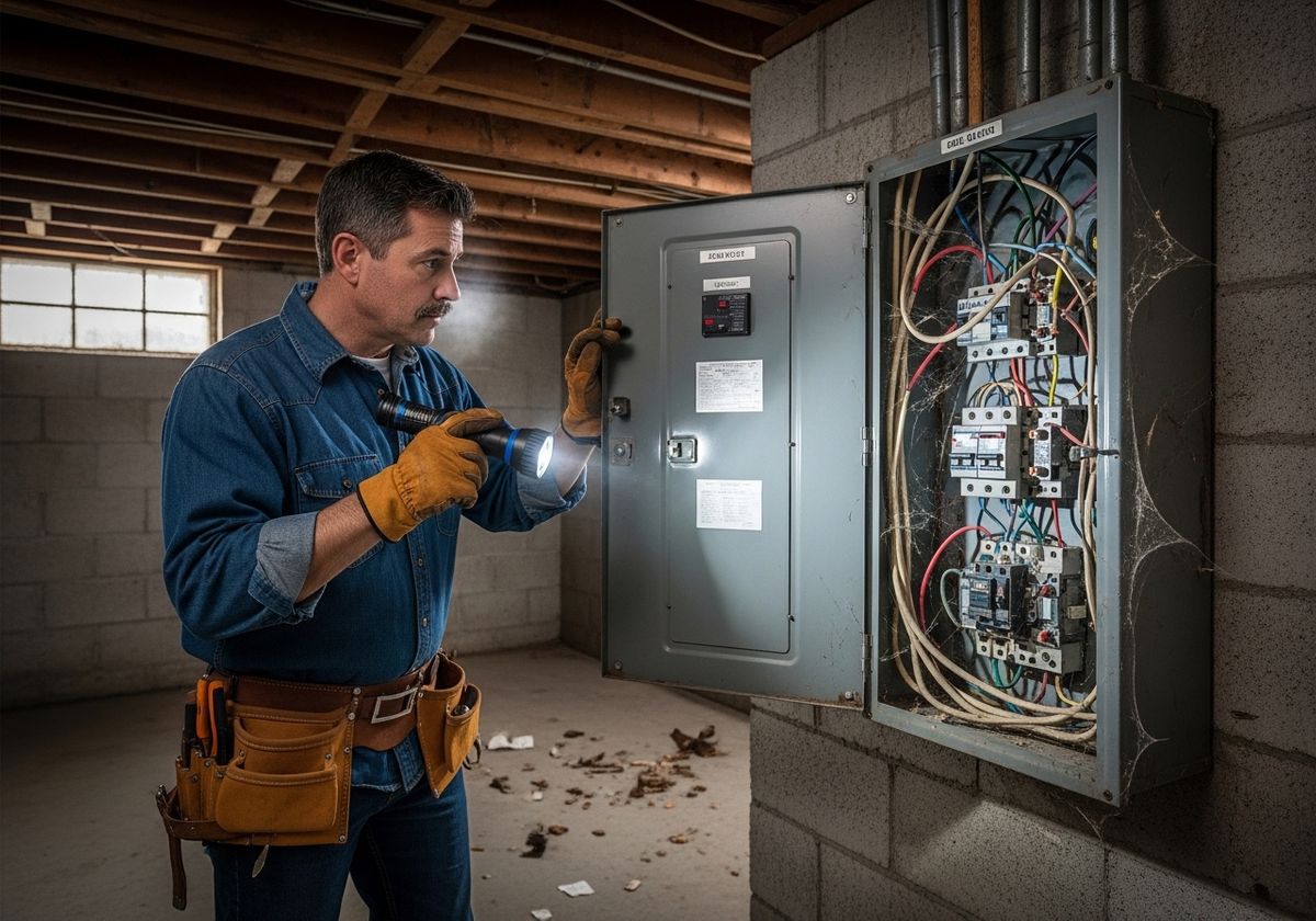 Electrician Inspecting Breaker Box in Basement