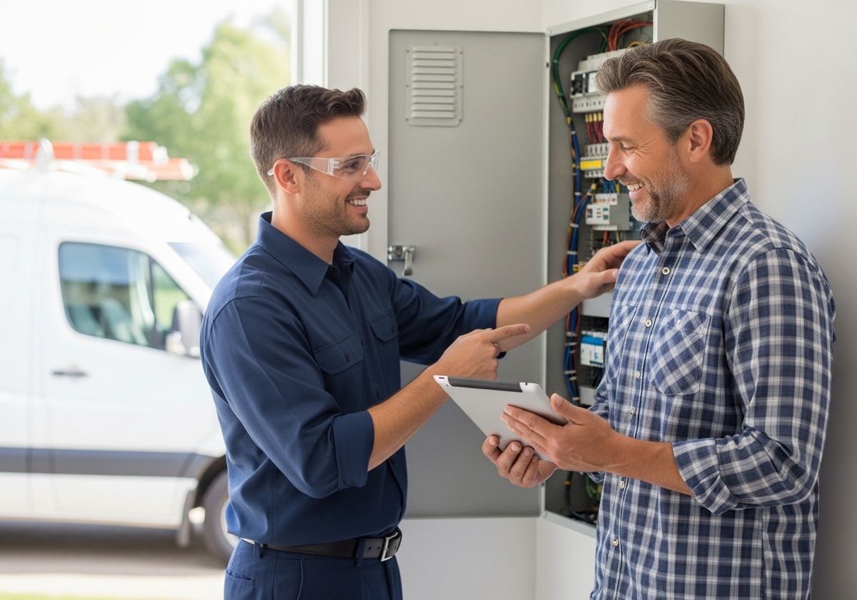 Electricians Inspecting Electrical Panel with Tablet