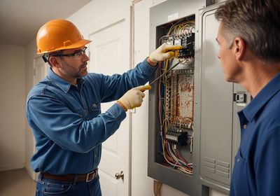 An electrician wearing a hard hat, safety glasses, gloves and a denim shirt uses a screwdriver to inspect a home electrical panel while another person looks on. Electrician Inspecting Electrical Panel