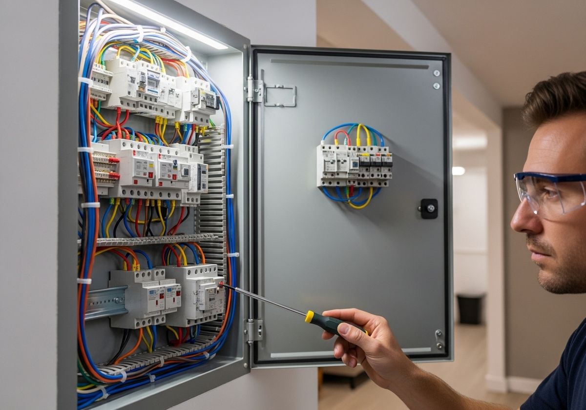 Electrician working on electrical panel