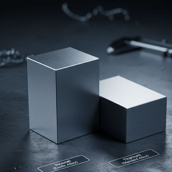 Blocks of two different metal alloys, one light and one dark, representing exotic and standard machining materials.