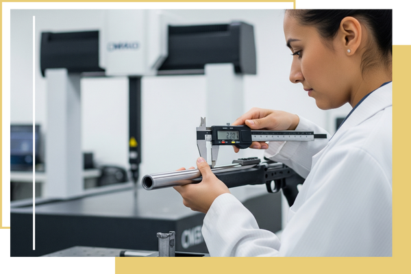 Woman Measuring CNC Machined Firearm Components