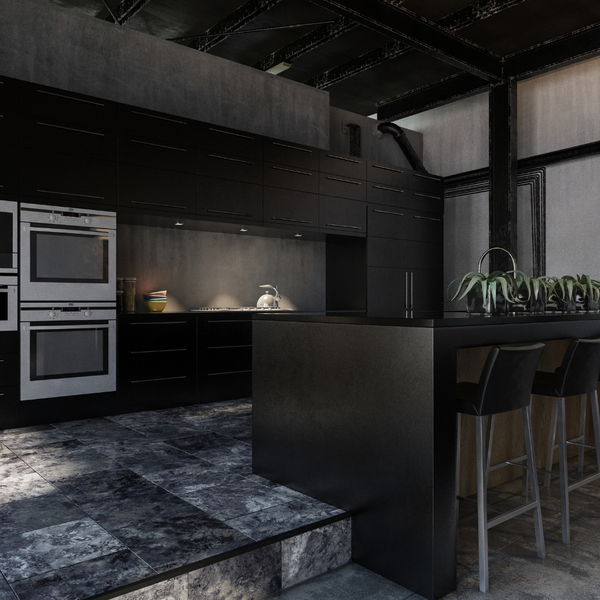 Dark, moody kitchen with dark tile and ceiling