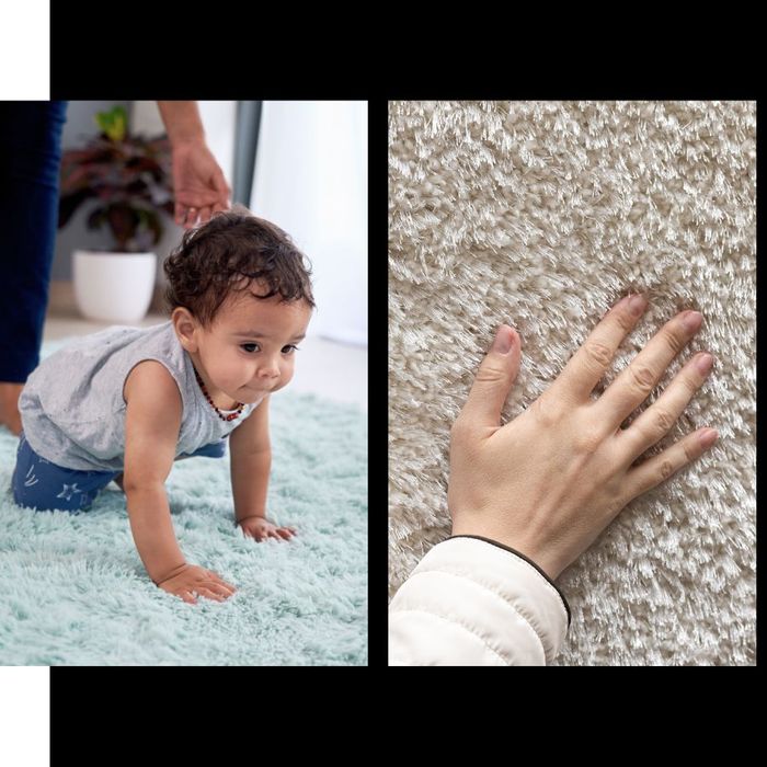 a baby playing on clean carpet and a person touching plush carpet