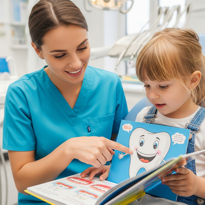 A dentist and child look at a picture book about teeth together, illustrating the "tell" or explanation phase of a dental visit. A dentist and child look at a picture book about teeth together, illustrating the "tell" or explanation phase of a dental visit.