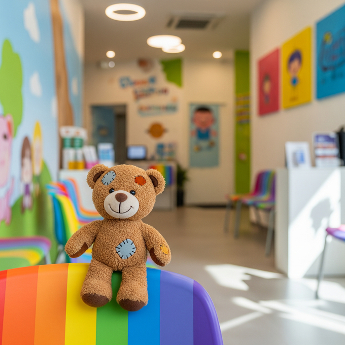 A teddy bear sitting on a chair in a pediatric dental office waiting room. A teddy bear sitting on a chair in a pediatric dental office waiting room.