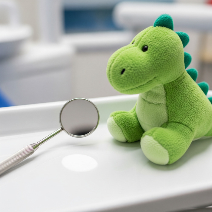 A dental mirror placed next to a friendly stuffed animal, representing a kid-friendly approach. A dental mirror placed next to a friendly stuffed animal, representing a kid-friendly approach.