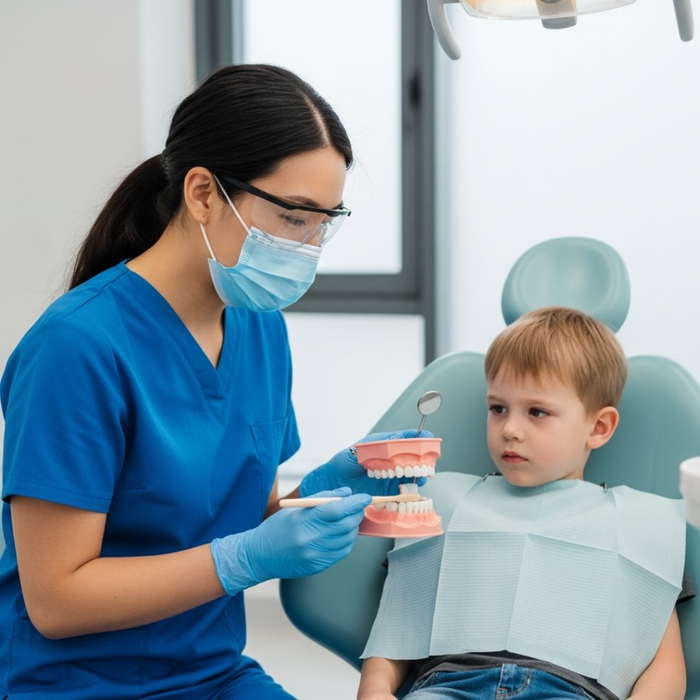 apprehensive child looking at model of teeth