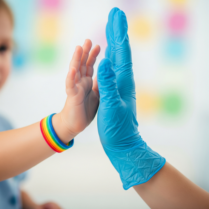 A child's hand giving a high-five to a hand in a medical glove, symbolizing teamwork. A child's hand giving a high-five to a hand in a medical glove, symbolizing teamwork.