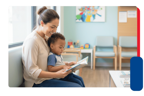 mother with son in waiting room for their services 
