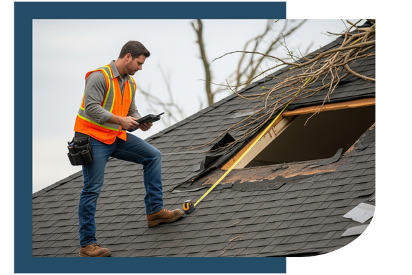 Man inspecting a storm damaged roof