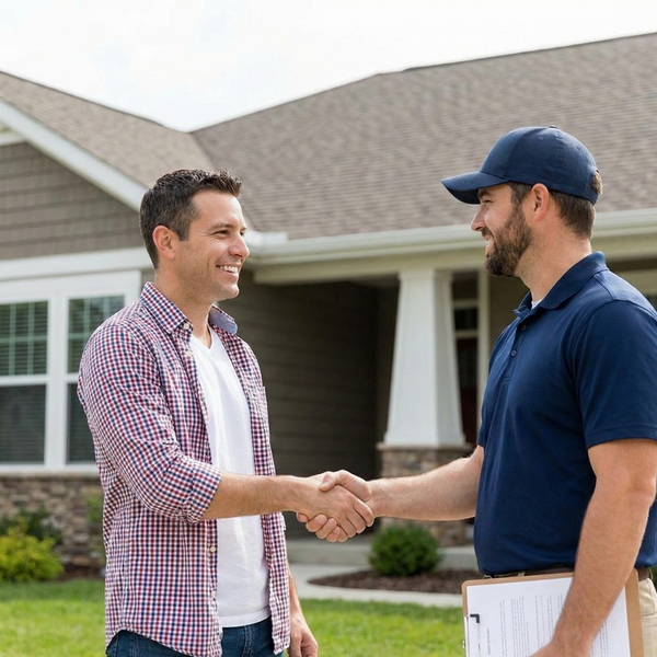 A homeowner shakes hands with a roofing contractor in front of a house