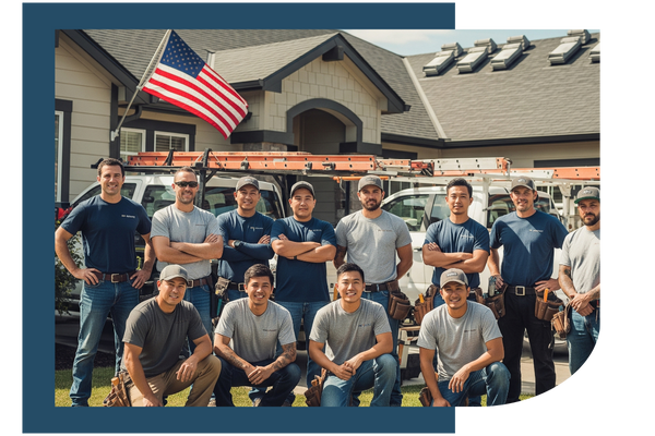 Roofing crew posing in front of a completed project