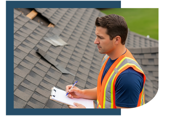 Man inspecting a storm-damaged roof