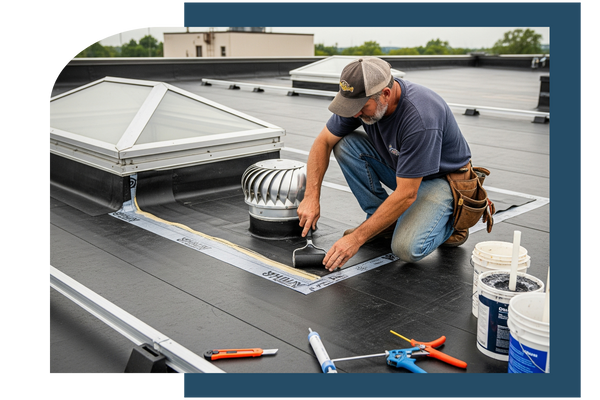 Contractor installing EPDM rubber roofing on a flat roof