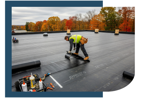 Contractor installing EPDM rubber roofing on a flat roof
