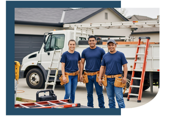 Roofing team posing in front of a completed project