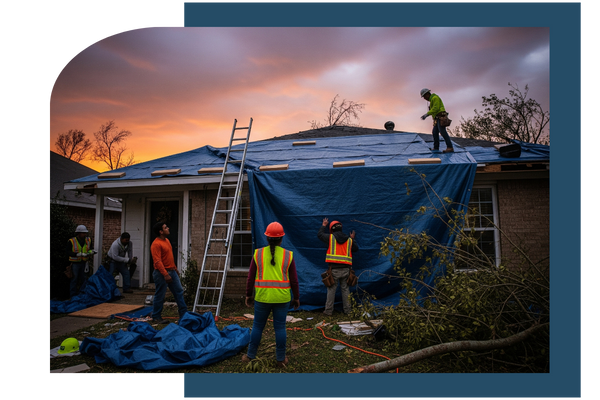 Construction crew tarping a storm-damaged roof after severe weather