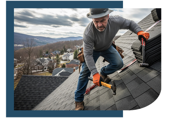 Roofer hammering new shingles into a roof