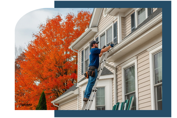 Man installing white gutters to a colonial style home