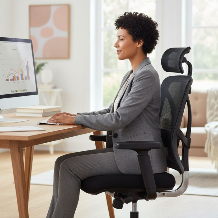 woman sitting comfortably at desk woman sitting comfortably at desk
