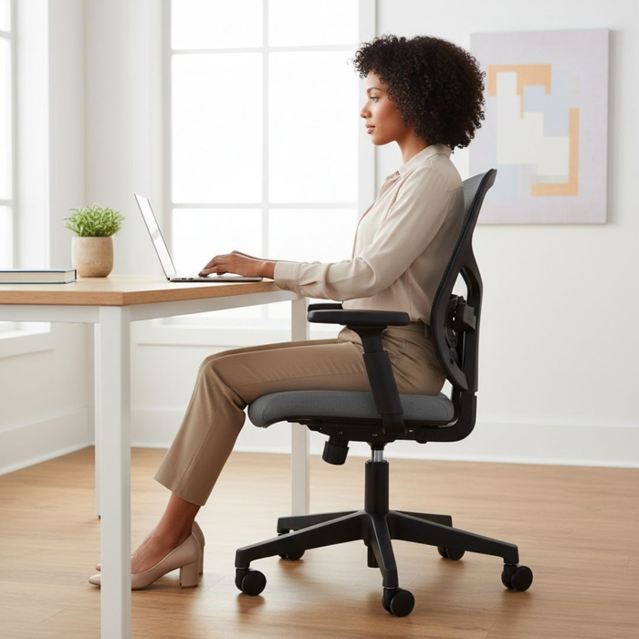 woman working comfortably at desk woman working comfortably at desk