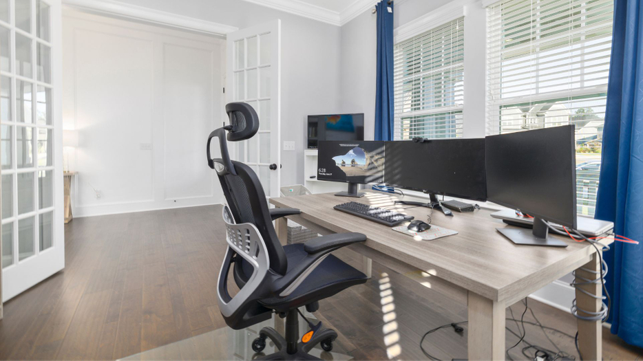 a mesh chair at a desk