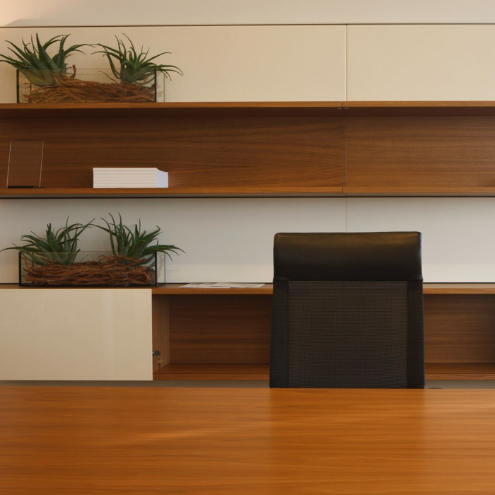 plants sitting above a desk on a hutch