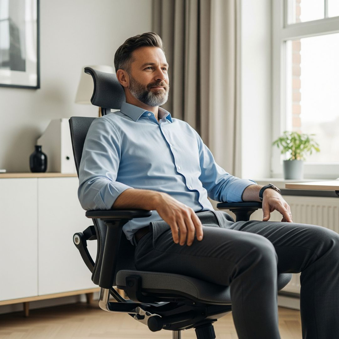 man sits back into an ergonomic desk chair Boosting Employee Comfort_ Top Commercial Office Chairs from Kerr Albert 2.jpg
