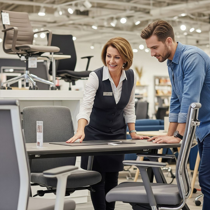A friendly staff member assisting a customer in a furniture showroom. 4 Reasons Why Michigan Businesses Trust Kerr Albert for their Office Needs 2.jpg