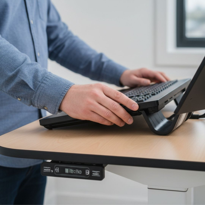 close up of someone using standing desk close up of someone using standing desk