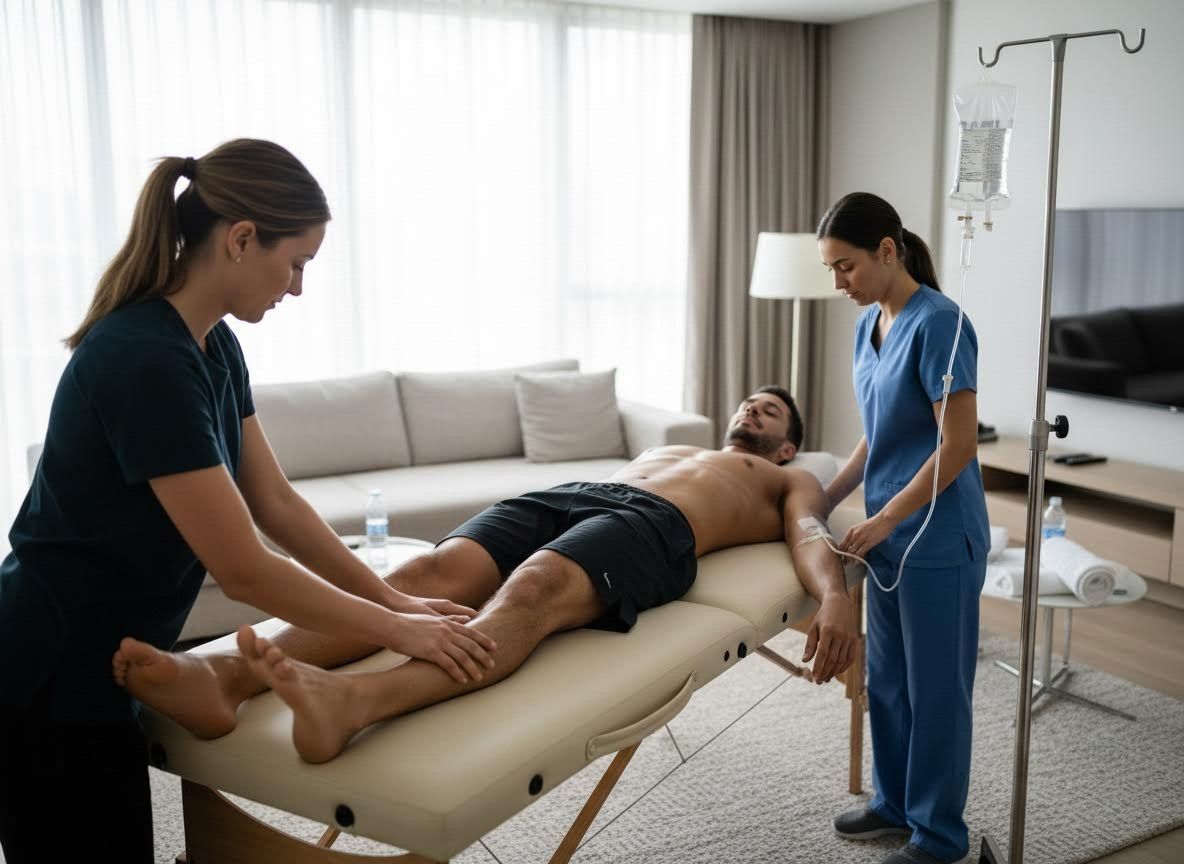 Man receiving IV drip and leg massage from two wellness therapists