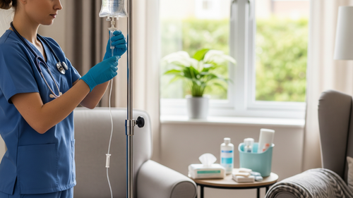 A nurse from Concierge Nurse Services preparing a post-op IV drip for a patient.