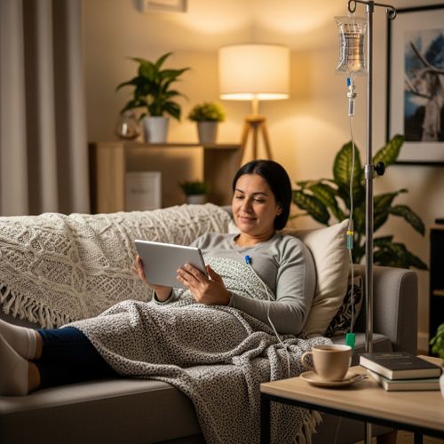 A person relaxes comfortably on a plush sofa while receiving personalized IV hydration therapy at home.
