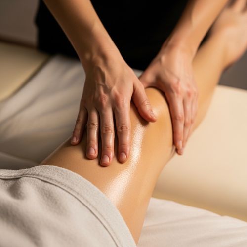 A massage therapist's hands performing gentle lymphatic drainage strokes on a client's leg, conveying fluid movement.