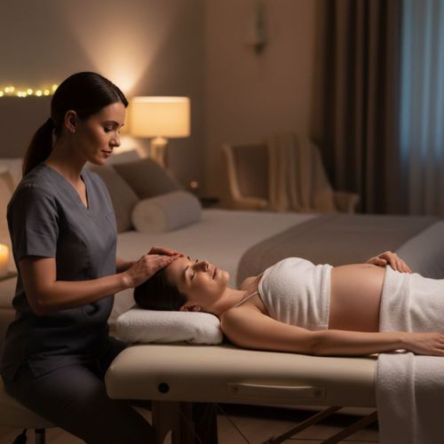 A massage therapist performs a head and face massage on a pregnant client lying on her side in a calm, dimly lit, high-end bedroom.