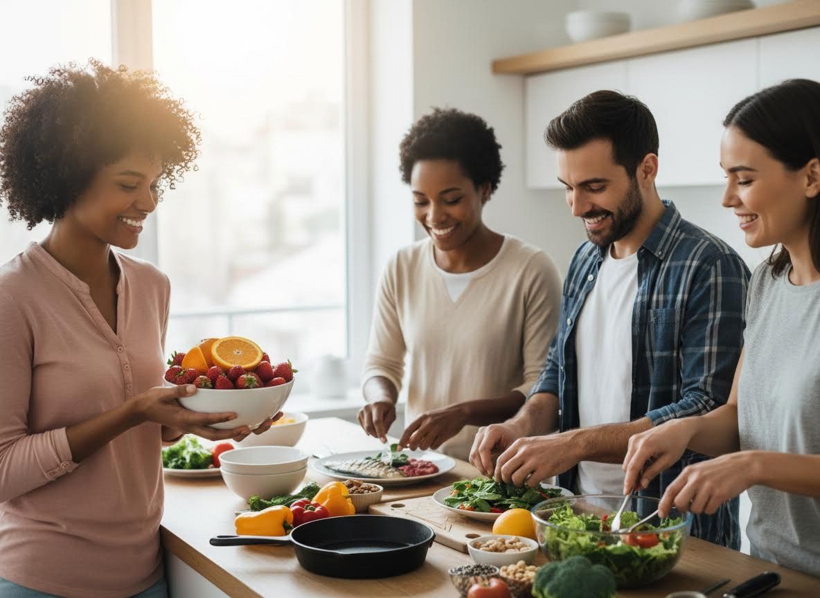Friends Cooking Healthy Meal Together