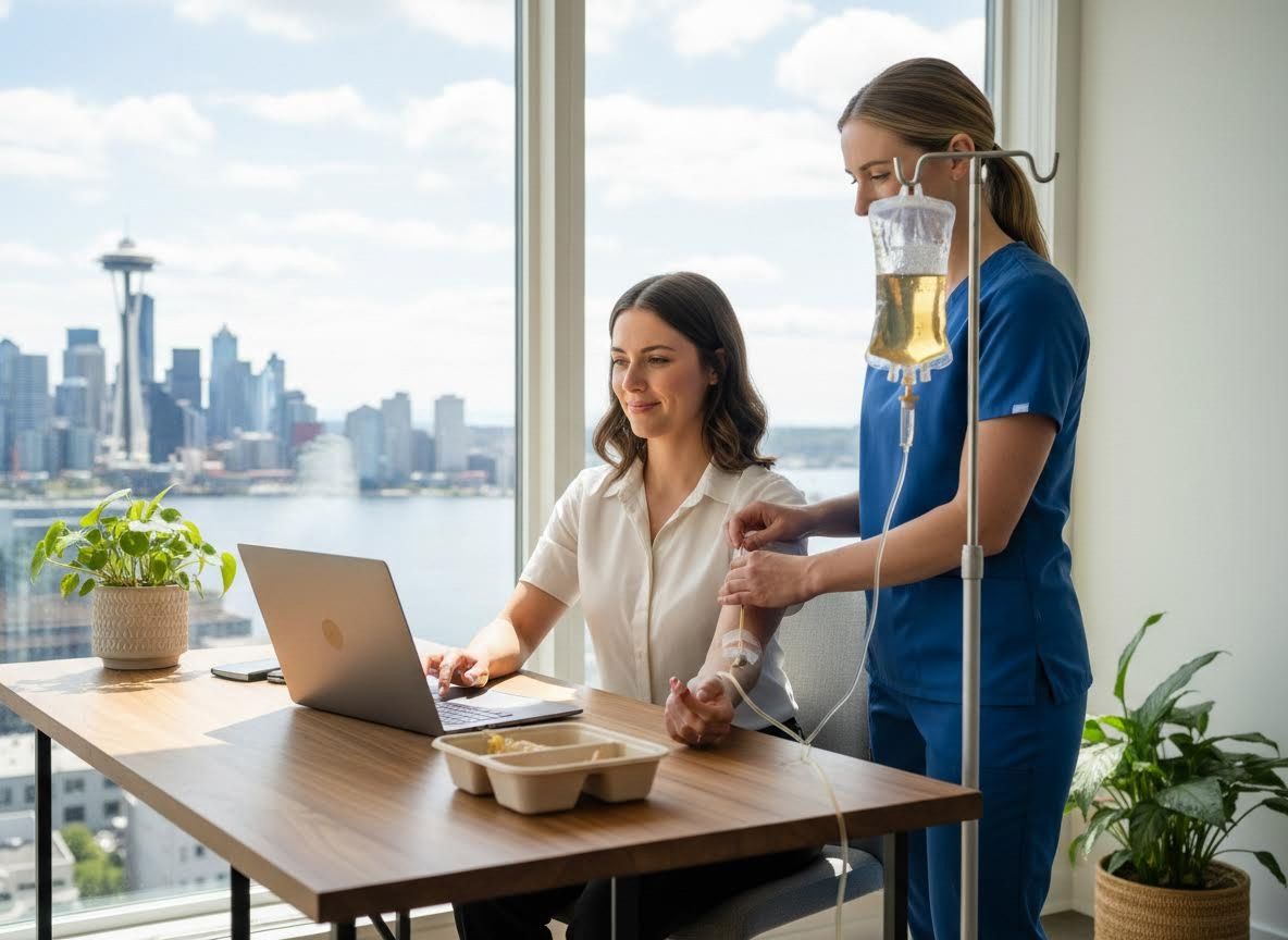 Woman receiving IV therapy while working on laptop with city view