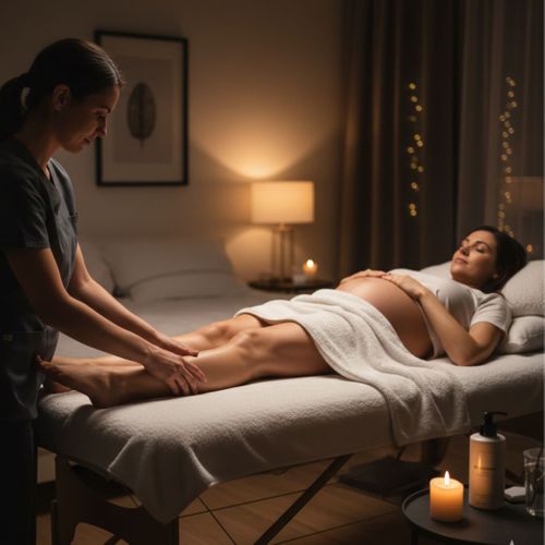 A massage therapist gives a leg massage to a pregnant client lying on her side in a dimly lit, serene high-end residential room.