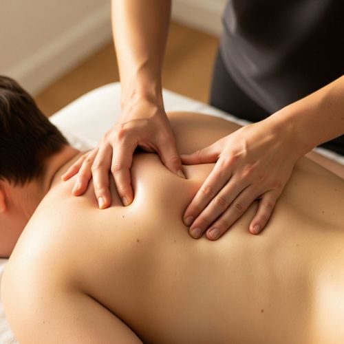 A mobile massage therapist's hands working on the upper back of a client to relieve muscle tension. A mobile massage therapist's hands working on the upper back of a client to relieve muscle tension.