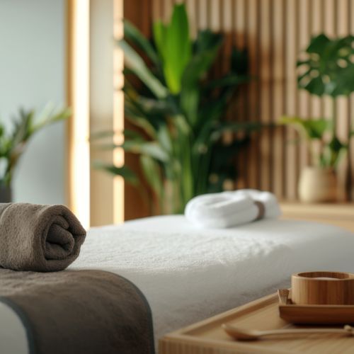 a modern portable massage table in a cozy bedroom with natural light and house plants