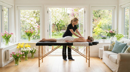 A massage therapist in a sunlit living room with large windows looking out onto a blossoming garden.