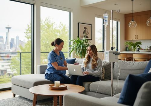 A professional nurse administers IV therapy to a client in a bright, modern Seattle home office with large windows.