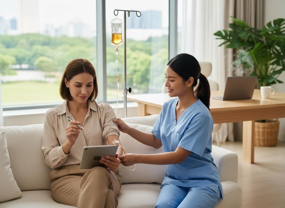 Woman receiving IV infusion from nurse