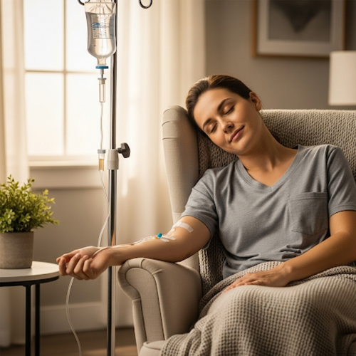 A patient comfortably receiving post-op IV therapy at home.