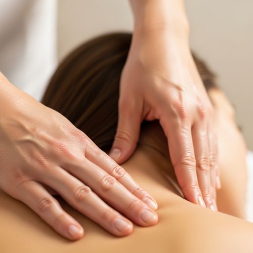A close-up photograph of a massage therapist's hands gently working on a client's neck and shoulders.